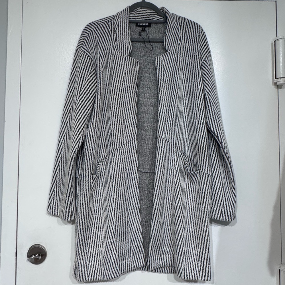 Express black & White Striped Open Front Long Cardigan Jacket